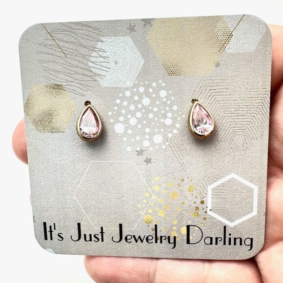 Womens Earrings 10K Gold Pink Cubic Zirconia Teardrop Studs Pierced - Picture 5 of 5